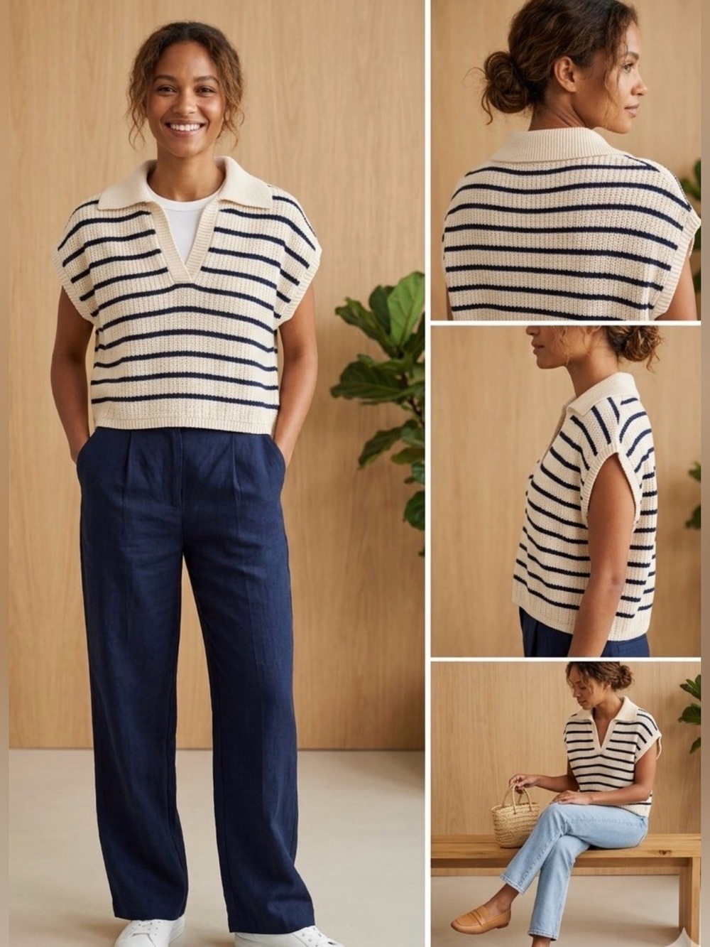 NWOT Miou Muse Striped Collared Knit Polo Crop Sweater Vest Cream & Navy Size S
